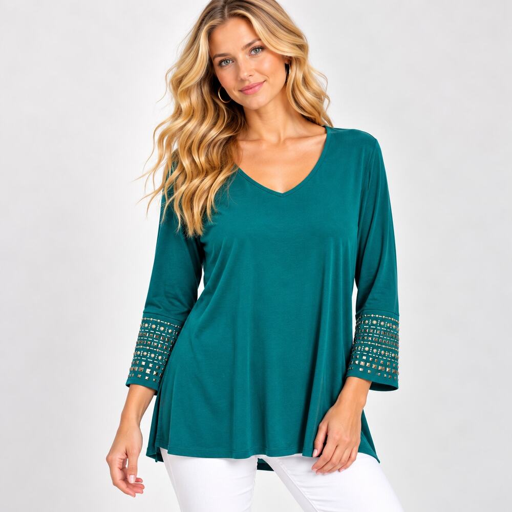 Susan Graver Liquid Knit Blouse Women's Size 1X Green Embellished Cuffs Office